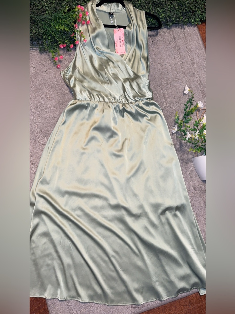 SHEIN Sage Green Satin Wrap Maxi Dress